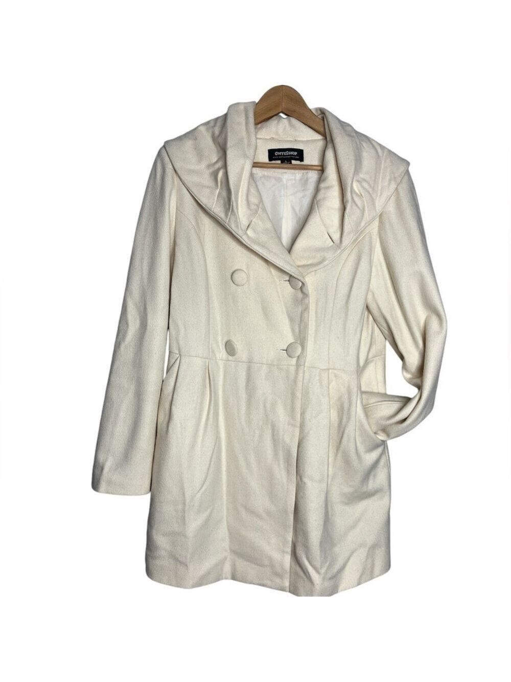 CoffeeShop Cream Wool Blend Cowl Neck Double Breasted Peacoat, Size L